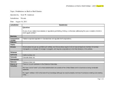 [Prohibitions on Shell or Shelf Entities] – [2011-August-16]  Topic: Prohibitions on Shell or Shelf Entities Question by: Scott W. Anderson Jurisdiction: