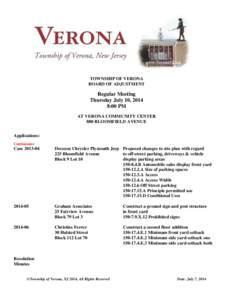 TOWNSHIP OF VERONA BOARD OF ADJUSTMENT Regular Meeting Thursday July 10, 2014 8:00 PM
