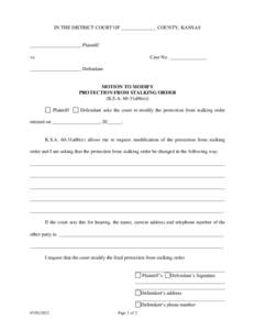 IN THE DISTRICT COURT OF ______________ COUNTY, KANSAS  ____________________, Plaintiff vs.  Case No. _______________