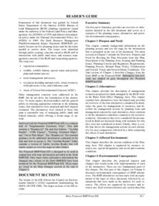 READER’S GUIDE Preparation of this document was guided by United States Department of the Interior (USDI) Bureau of Land Management (BLM) planning regulations issued under the authority of the Federal Land Policy and M