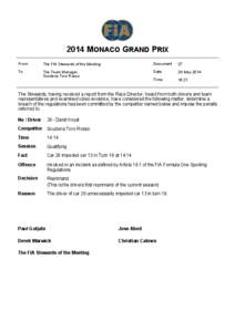 2014 MONACO GRAND PRIX From The FIA Stewards of the Meeting  Document