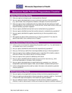 Behavioral Health Pandemic Preparedness Checklist