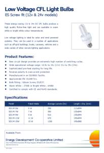 Low Voltage CFL Light Bulbs ES Screw fit (12v & 24v models) These energy saving 12v & 24v DC CFL bulbs produce a high quality flicker-free light and are available in warm white or bright white colour temperatures. Low vo