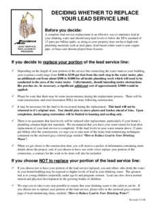 DECIDING WHETHER TO REPLACE YOUR LEAD SERVICE LINE Before you decide: A complete lead service replacement is an effective way to minimize lead in your drinking water and should keep lead levels to below the EPA standard 