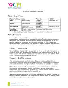 Administrative Policy Manual Title: Privacy Policy Women’s College Hospital Title Privacy Policy Category