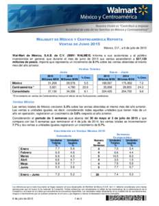 WALMART DE MÉXICO Y CENTROAMÉRICA REPORTA VENTAS DE JUNIO 2015 México, D.F., a 6 de julio de 2015 Wal-Mart de México, S.A.B. de C.V. (BMV: WALMEX) informa a sus accionistas y al público inversionista en general, que