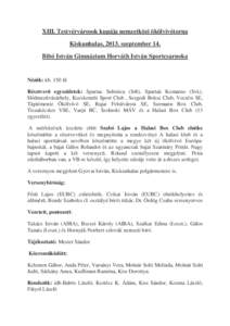 XIII. Testvérvárosok kupája nemzetközi ökölvívótorna Kiskunhalas, 2013. szeptember 14. Bibó István Gimnázium Horváth István Sportcsarnoka Nézők: kb. 150 fő Résztvevő egyesületek: Spartac Subotica (Srb)