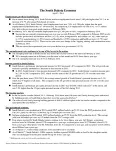 The South Dakota Economy April 3, 2014 U Employment growth in South Dakota  On an annual basis during 2013, South Dakota nonfarm employment levels were 3,100 jobs higher than 2012, or an