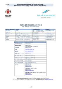 Destinations and schedules are subject to change. Latest information should be sought from the airline directly . SUMMER SCHEDULE 2014 From 30 March – 25th October 2014