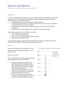 Solar For All California  First Quarter Update: June1 – August 31, 2010 Background In 2009, CSD challenged its existing energy providers to design a program to install rooftop solar systems