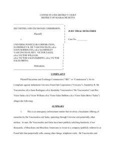 SEC Complaint: Universo Foneclub Corporation, Sanderley R. De Vasconcelos, a/k/a Sann Rodrigues, a/k/a Sanderley Vasconcelos, Rev. Victor Sales, a/k/a Victor William, a/k/a Victor Sales DeBrito, a/k/a Victor Sales Brito