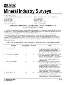 Mineral Industry Surveys For information, contact: Jason Christopher Willett, Crushed Stone Commodity Specialist U.S. Geological Survey 989 National Center Reston, VA 20192