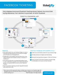 FACEBOOK TICKETING Fully integrated end-to-end Facebook ticketing solution delivers the entire ticket buying experience, from discovery to purchase, all within Facebook. TICKETFLY FACEBOOK APP  1