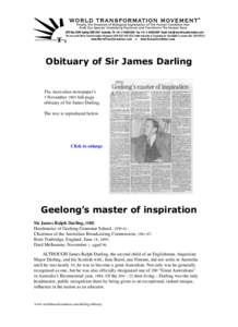 Obituary of Sir James Darling The Australian newspaper’s 3 November 1995 full-page obituary of Sir James Darling. The text is reproduced below.