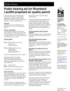 Public Notice  Public Noti Public hearing set for Riverbend Landfill proposed air quality permit