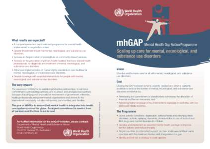 mhGAP Mental Health Gap Action Programme  What results are expected? •	 A comprehensive and result-oriented programme for mental health implemented in targeted countries. •	 Greater investment in care for mental, neu