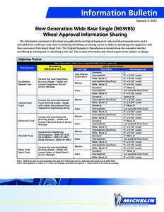 Information Bulletin January 3, 2012 New Generation Wide Base Single (NGWBS) Wheel Approval Information Sharing The information contained in this chart was gathered from Original Equipment, axle and wheel manufacturers a