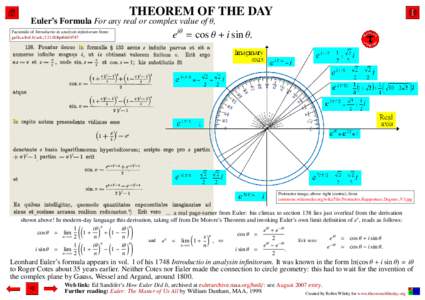 THEOREM OF THE DAY  Euler’s Formula For any real or complex value of θ, Facsimile of Introductio in analysin infinitorum from: gallica.bnf.fr/ark:/12148/bpt6k69587