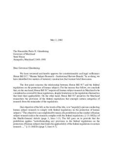 May 2, 2002  The Honorable Parris N. Glendening Governor of Maryland State House Annapolis, Maryland[removed]