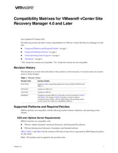 Compatibility Matrixes for VMware® vCenter Site Recovery Manager 4.0 and Later Last Updated: 07‐October‐2010 The following sections describe version compatibilities for VMware vCenter Site Recovery Mana