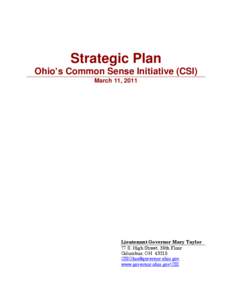 Strategic Plan Ohio’s Common Sense Initiative (CSI) March 11, 2011 Lieutenant Governor Mary Taylor 77 S. High Street, 30th Floor