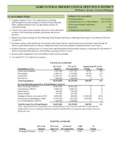 AGRICULTURAL PRESERVATION & OPEN SPACE DISTRICT William J. Keene, General Manager FYOBJECTIVES • Complete transfer of Tier 1 Fee Land properties including McCullough/Cresta and Carrington to Sonoma County Region