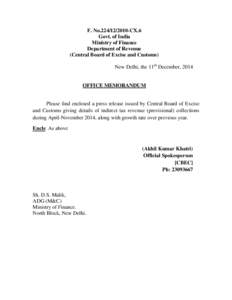 F. No[removed]CX.6 Govt. of India Ministry of Finance Department of Revenue (Central Board of Excise and Customs) New Delhi, the 11th December, 2014