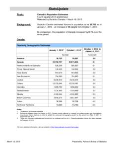 StatsUpdate Topic: Canada’s Population Estimates Fourth Quarterpreliminary) Released by Statistics Canada – March 18, 2015