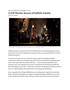 The New York Times, September 7, 2012  A Fall Theater Season of Infinite Variety By MICHAEL SOMMERS  Ethan Lipton & His Orchestra will perform “No Place to Go,” at Two River Theater.