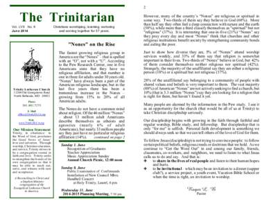 2  The Trinitarian Vol. LVII No. 6 June 2014