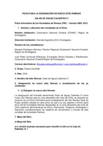 FICHA PARA LA DESIGNACIÓN DE NUEVO SITIO RAMSAR SALAR DE AGUAS CALIENTES IV Ficha Informativa de los Humedales de Ramsar (FIR) – Versión[removed]