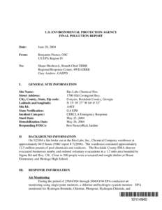 US EPA Final Pollution Report dated June 28, 2004 regarding Bio-Labs Chemical Fire, Conyers, Rockdale Co., Georgia