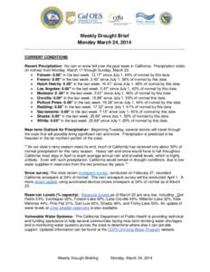 Weekly Drought Brief Monday March 24, 2014 CURRENT CONDITIONS Recent Precipitation: No rain or snow fell over the past week in California. Precipitation totals (in inches) from Monday, March 17 through Sunday, March 23: 