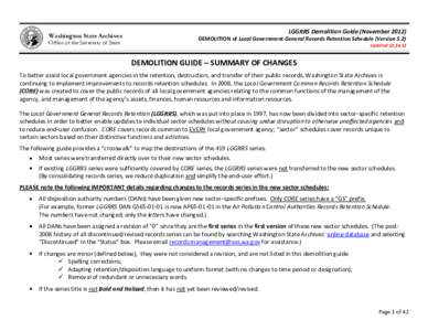 Washington State Archives Office of the Secretary of State LGGRRS Demolition Guide (November[removed]DEMOLITION of Local Government General Records Retention Schedule (Version 5.2) Updated[removed]