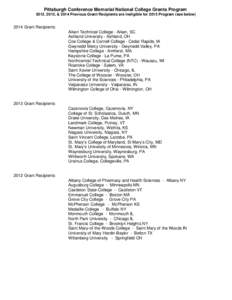 Pittsburgh Conference Memorial National College Grants Program 2012, 2013, & 2014 Previous Grant Recipients are ineligible for 2015 Program (see below[removed]Grant Recipients Aiken Technical College - Aiken, SC Ashland Un