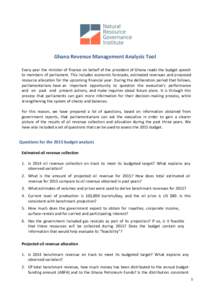 Ghana Revenue Management Analysis Tool Every year the minister of finance on behalf of the president of Ghana reads the budget speech to members of parliament. This includes economic forecasts, estimated revenues and pro