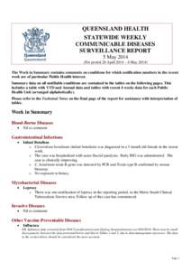 QUEENSLAND HEALTH STATEWIDE WEEKLY COMMUNICABLE DISEASES SURVEILLANCE REPORT 5 May[removed]For period 28 April 2014 – 4 May 2014)