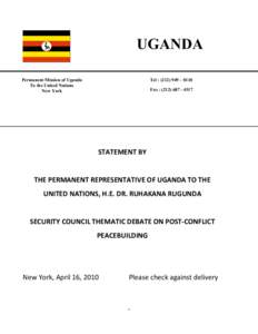 UGANDA Permanent Mission of Uganda To the United Nations New York  Tel : ([removed] – 0110