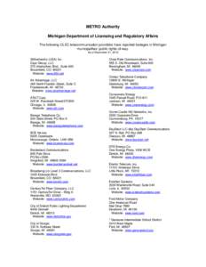 METRO Authority Michigan Department of Licensing and Regulatory Affairs The following CLEC telecommunication providers have reported footages in Michigan municipalities’ public rights-of-way. As of December 31, 2013