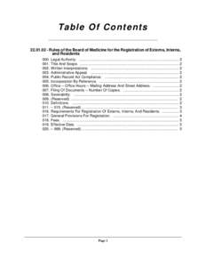 Ta b l e O f C o n t e n t s[removed]Rules of the Board of Medicine for the Registration of Externs, Interns, and Residents 000. Legal Authority. .......................................................................