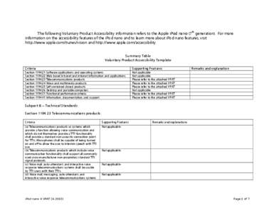 The following Voluntary Product Accessibility information refers to the Apple iPod nano (7th generation). For more information on the accessibility features of the iPod nano and to learn more about iPod nano features, vi
