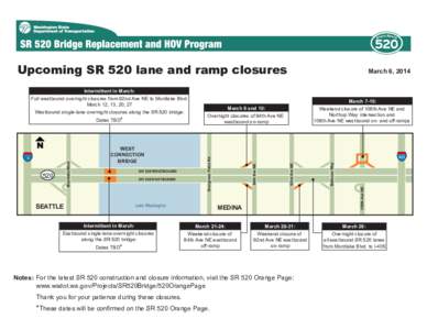 SR 520 Bridge Replacement and HOV Program Upcoming SR 520 Closures Map