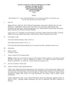 Nebraska Commission on Housing and Homelessness (NCHH)  Thursday, November 06, 2014 Nebraska State Office Building 301 Centennial Mall South Lincoln, NE 68509