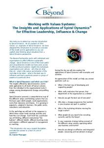 Working with Values Systems: The Insights and Applications of Spiral Dynamics® for Effective Leadership, Influence & Change We invite you to attend our one-day introduction to Spiral Dynamics. As UK partners of Chris Co