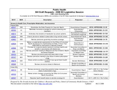 Public Health Bill Draft RequestsNV Legislative Session *JSR= Joint Standing Rule A complete list of Bill Draft Requests (BDRs) are available on the NV State Legislature homepage at www.leg.state.nv.us Bill #