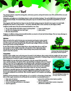 Trees and Turf Tree and grass selection, competition among plants, maintenance practices, and special situations must all be considered when trees and turf share a landscape. Woody plants and turfgrasses are critical des