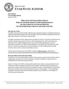 OFFICE OF THE  UTAH STATE AUDITOR News Release For Immediate Release August 2, 2016