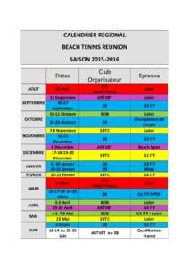 CALENDRIER REGIONAL BEACH TENNIS REUNION SAISONDates AOUT SEPTEMBRE