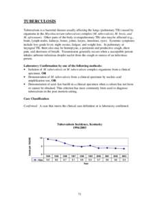 TUBERCULOSIS Tuberculosis is a bacterial disease usually affecting the lungs (pulmonary TB) caused by organisms in the Mycobacterium tuberculosis complex (M. tuberculosis, M. bovis, and M. africanum). Other parts of the 