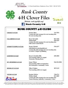 ~ 113 East Fordall Street, Henderson, Texas 75652 ~ Rusk County 4-H Clover Files Website: rusk.agrilife.org/